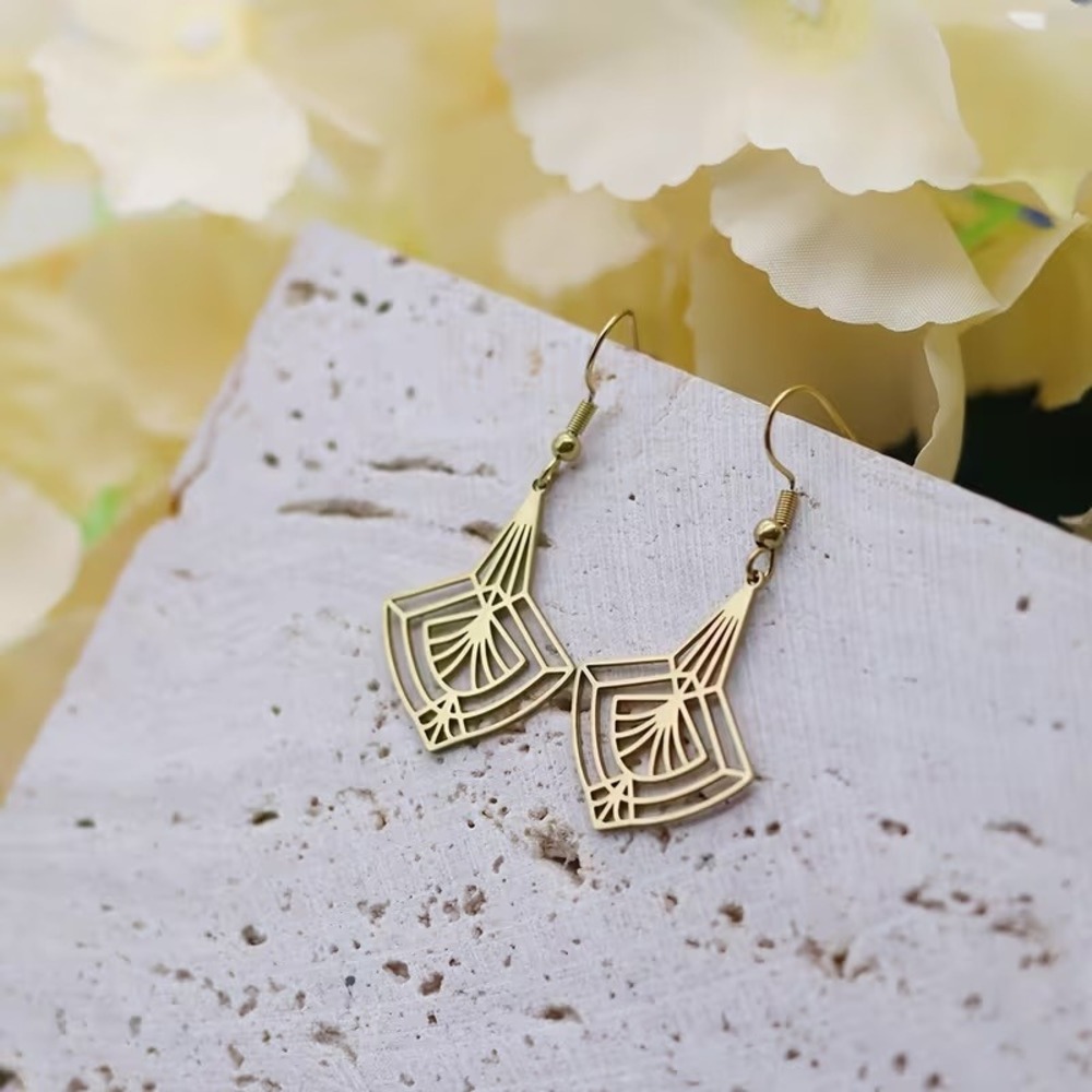 Gold Art Deco Geometric Fan Drop Earrings 304 Stainless Steel Gatsby Dangle